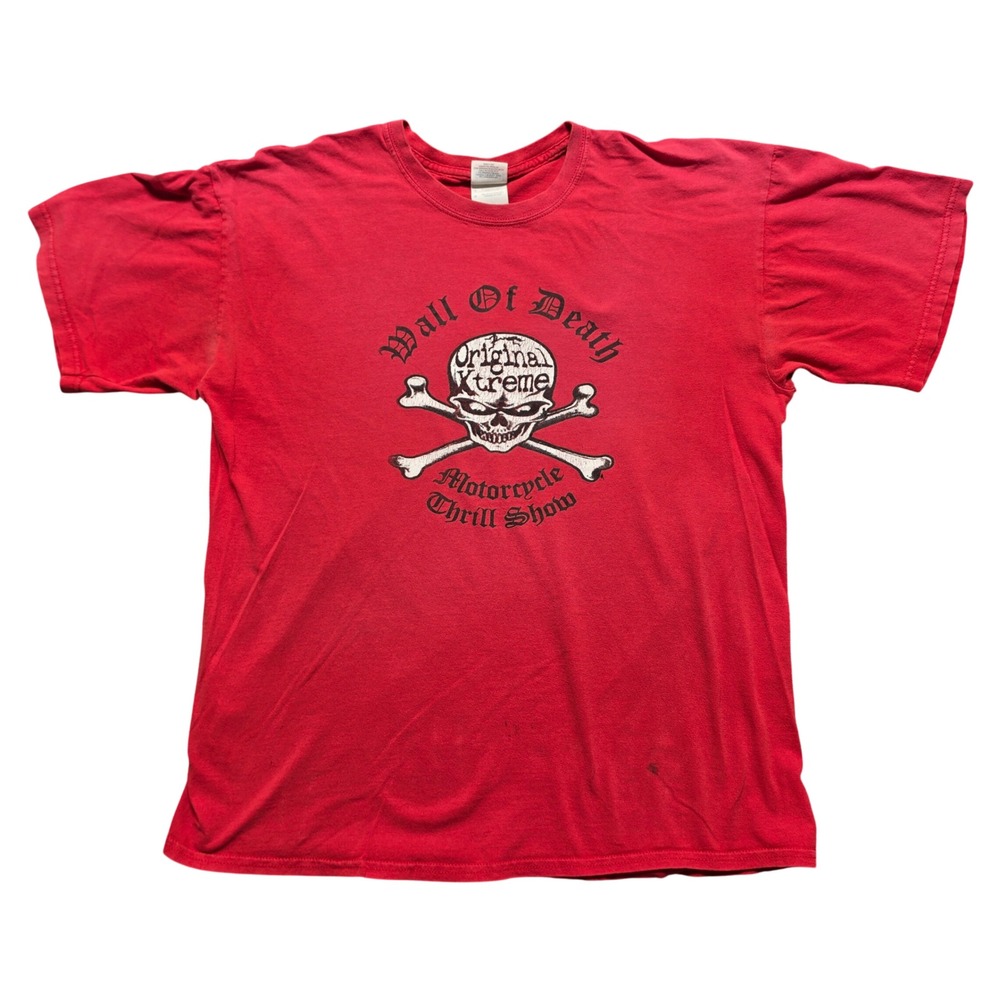 Biker Core T-Shirt Mens Large Red Wall Of Death Motorcycle‎ Thrill Show Skull